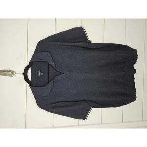 J Crew large navy blue johnny collar knit shirt with white stripe sleeve detail